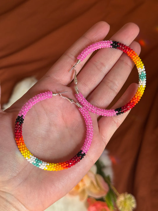 Pink and Fire Color Wrap Style Beaded Earrings