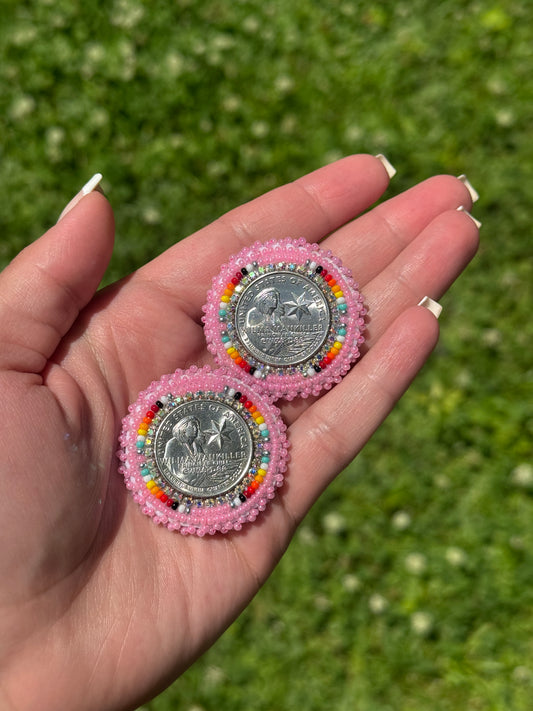 Pink Wilma Mankiller Beaded Earrings