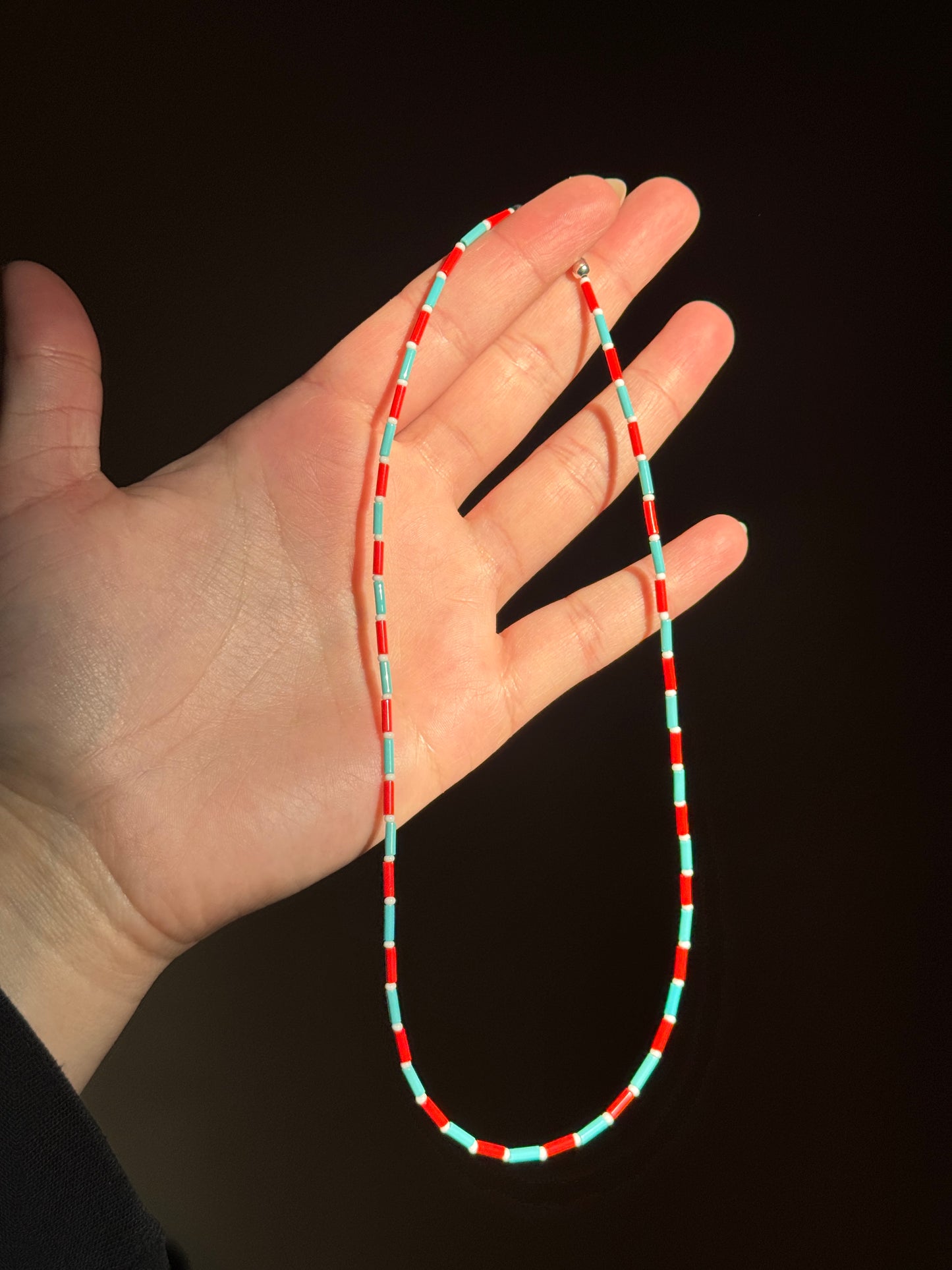 Red and Turquoise Beaded Single Strand Necklace
