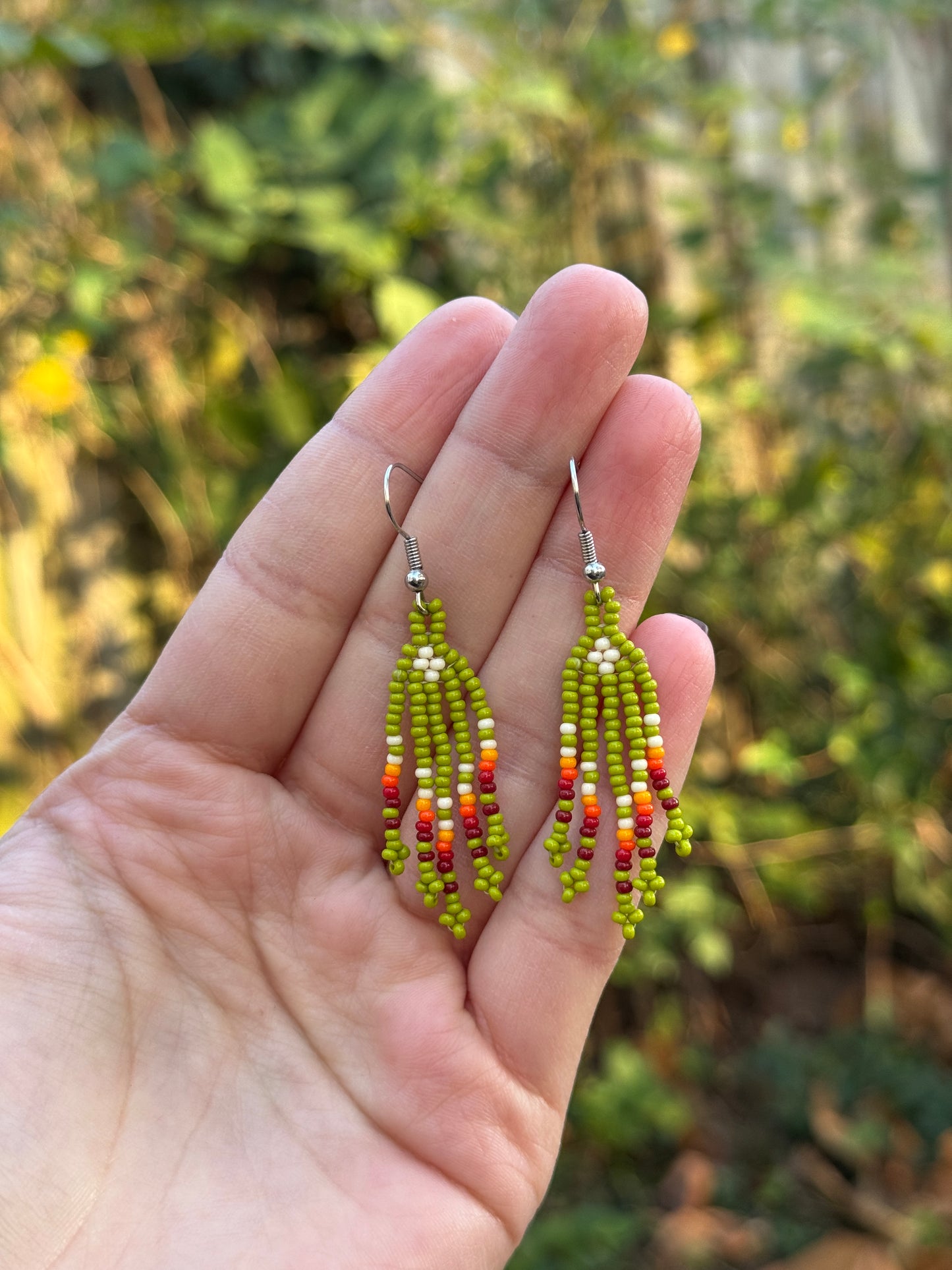 Beaded Fringe Earrings - Bright Olive