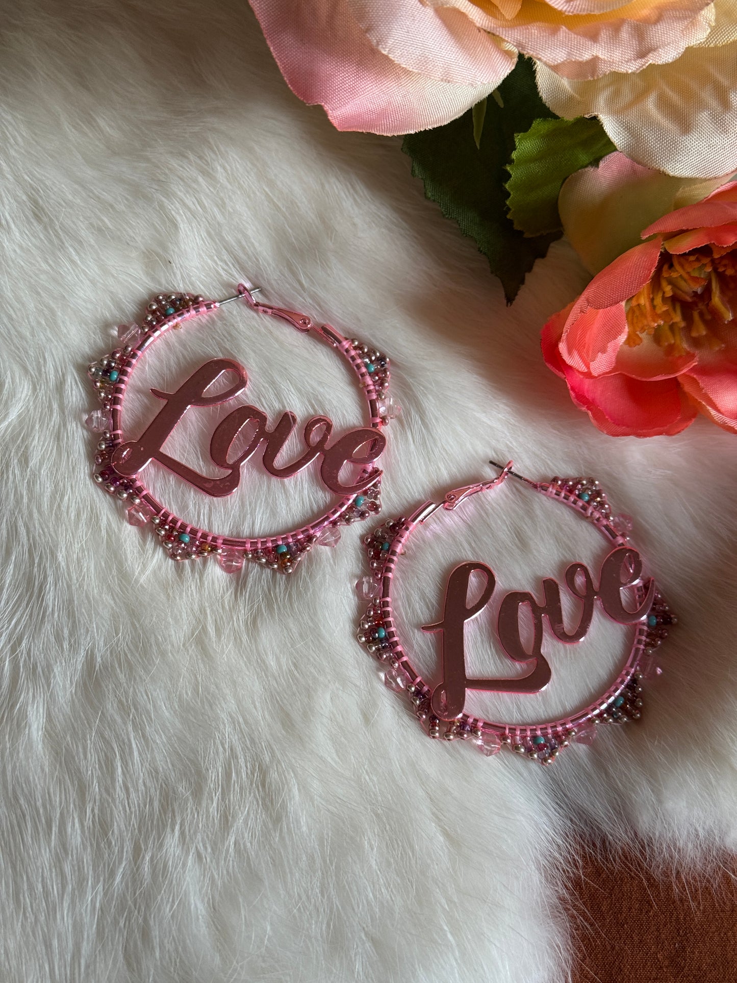 “Love” Pink Metallic Beaded Hoop Earrings