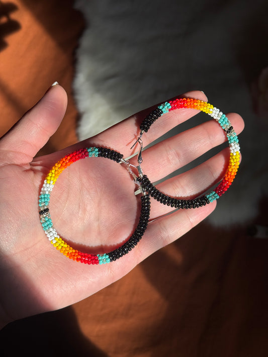 Black, Turquoise, and Fire Color Wrap Beaded Hoop Earrings