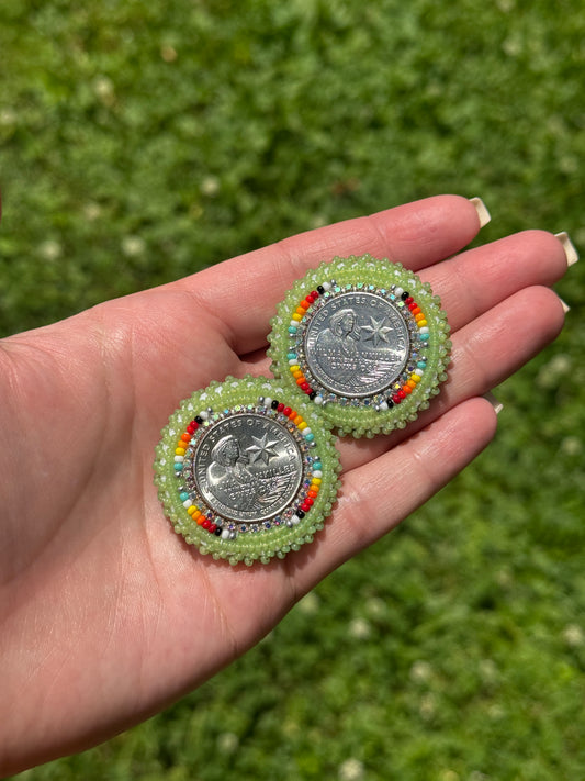 Green Wilma Mankiller Beaded Earrings