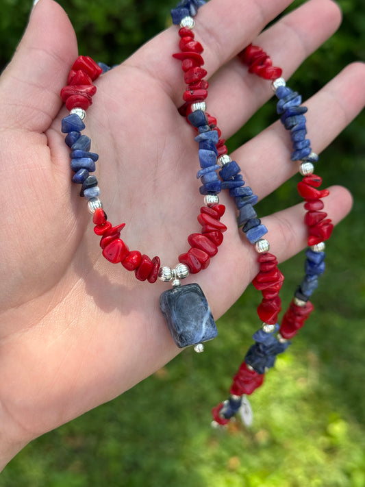 Red Coral and Blue Lapis Stone Necklace