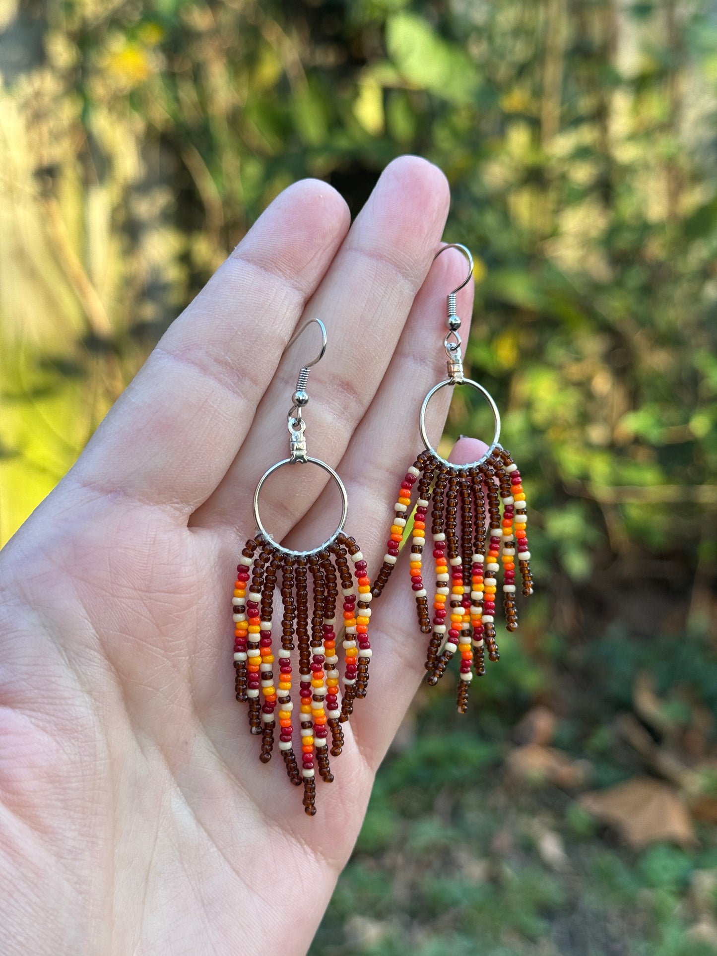 Autumn Brown Beaded Fringe Drop Hoop Earrings