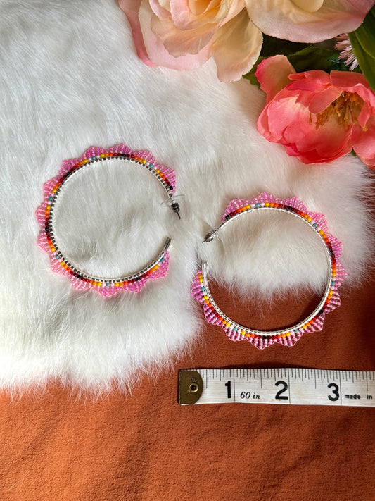 Pink and Fire Color Beaded Hoop Earrings