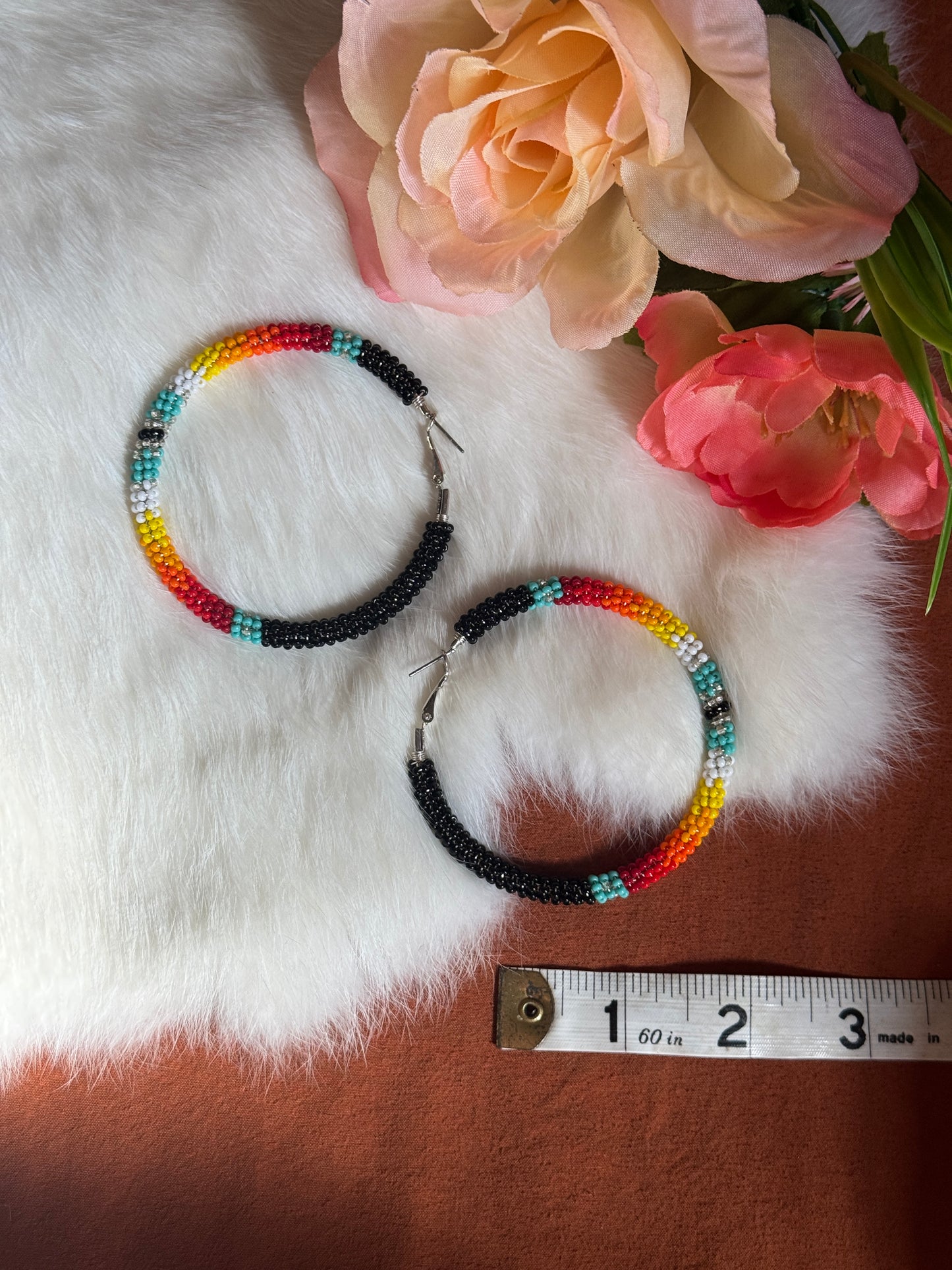 Black, Turquoise, and Fire Color Wrap Beaded Hoop Earrings