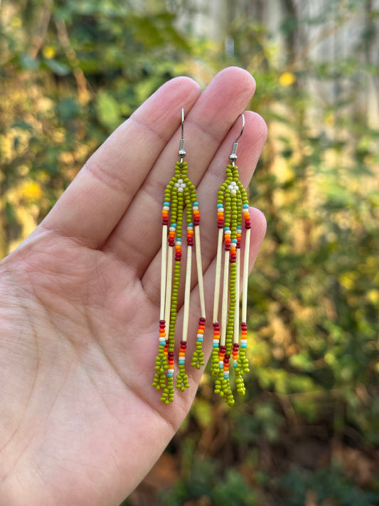 Olive Green Porcupine Quill Beaded Fringe Earrings