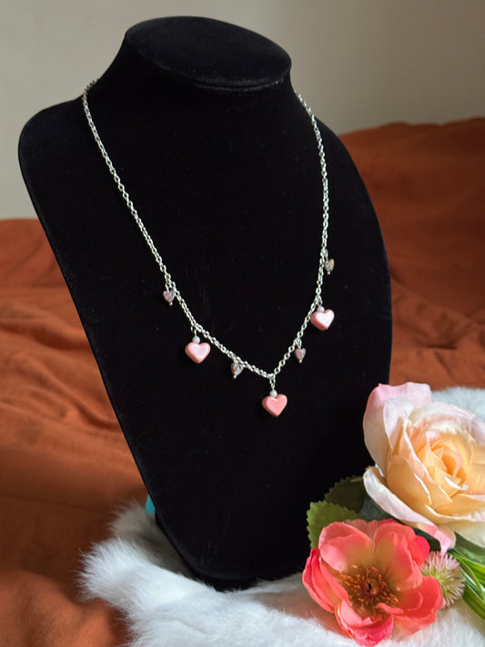 Pink Stone Hearts Charm Necklace