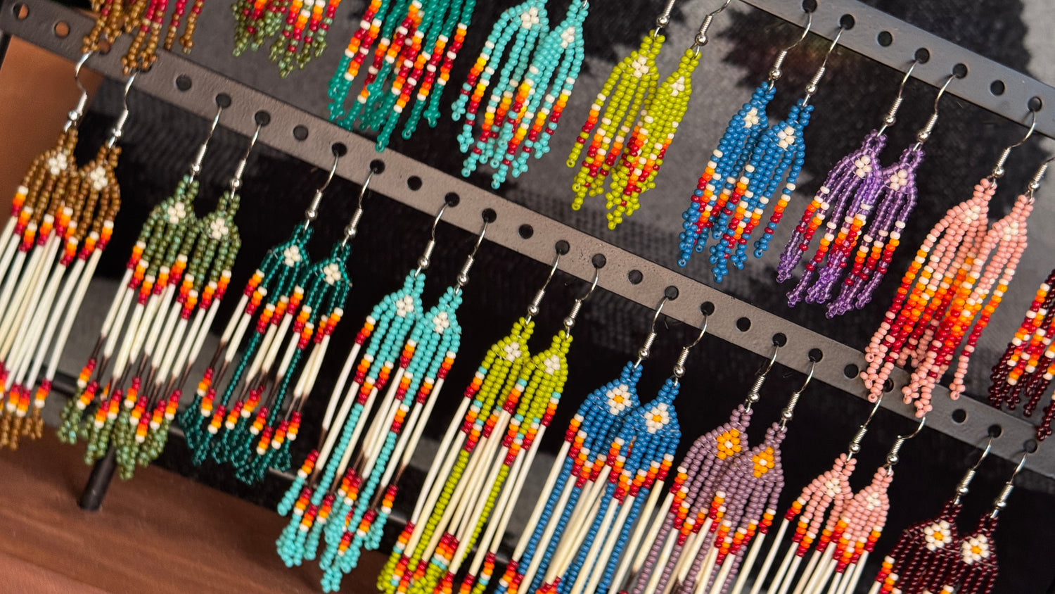 Colorful beaded earrings on a display board