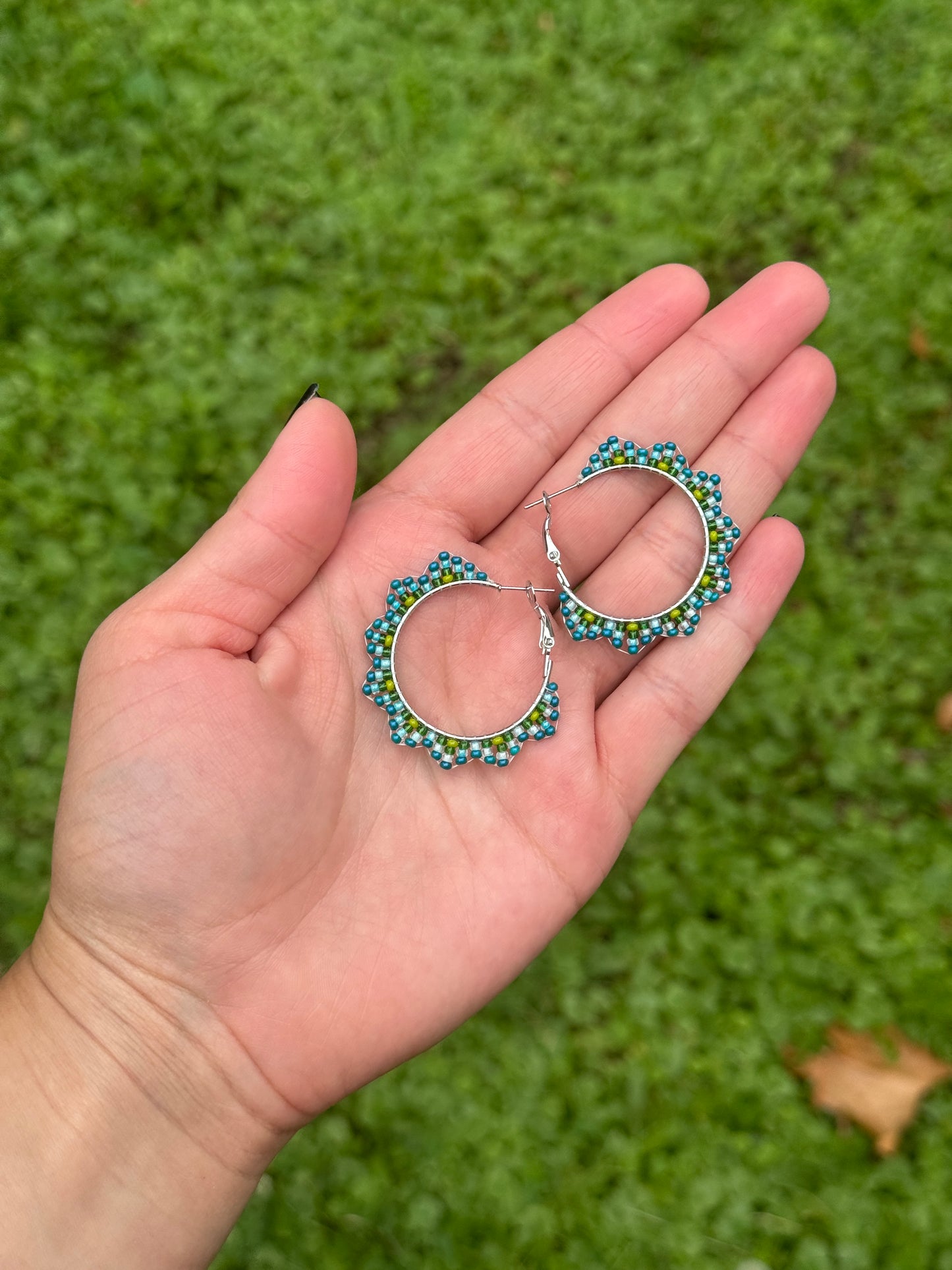 Small Teal Beaded Hoop Earrings