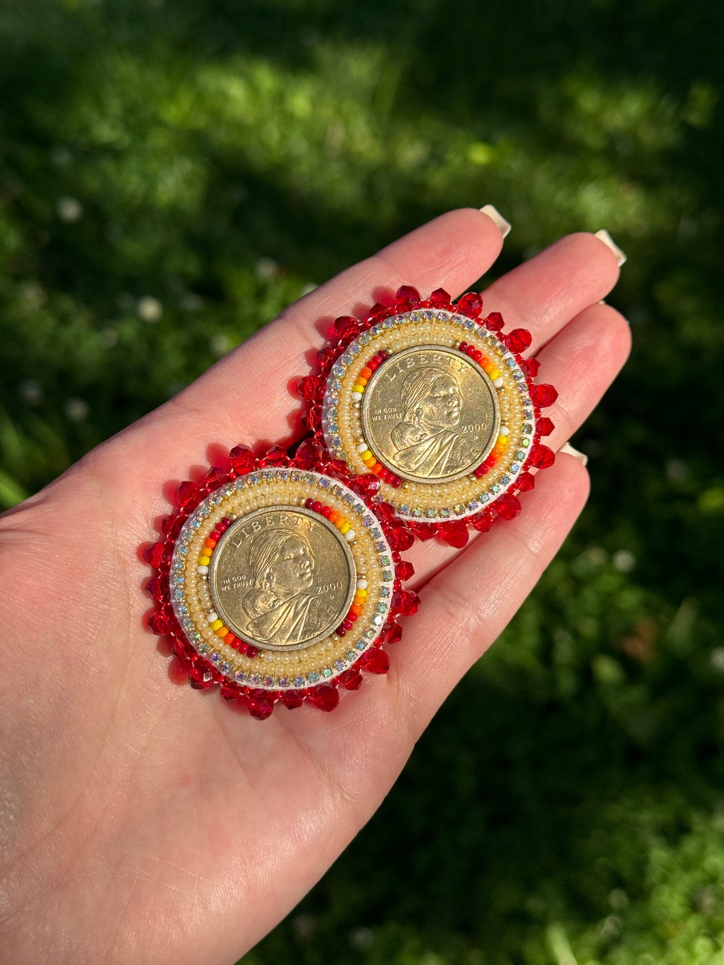 Gold and Red Sacagawea Coin Beaded Earrings