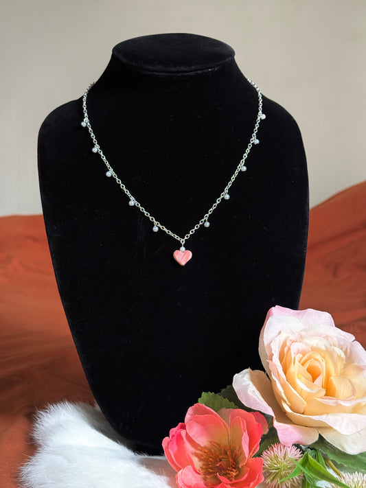 Pink Heart Pendant Pearl Chain Necklace