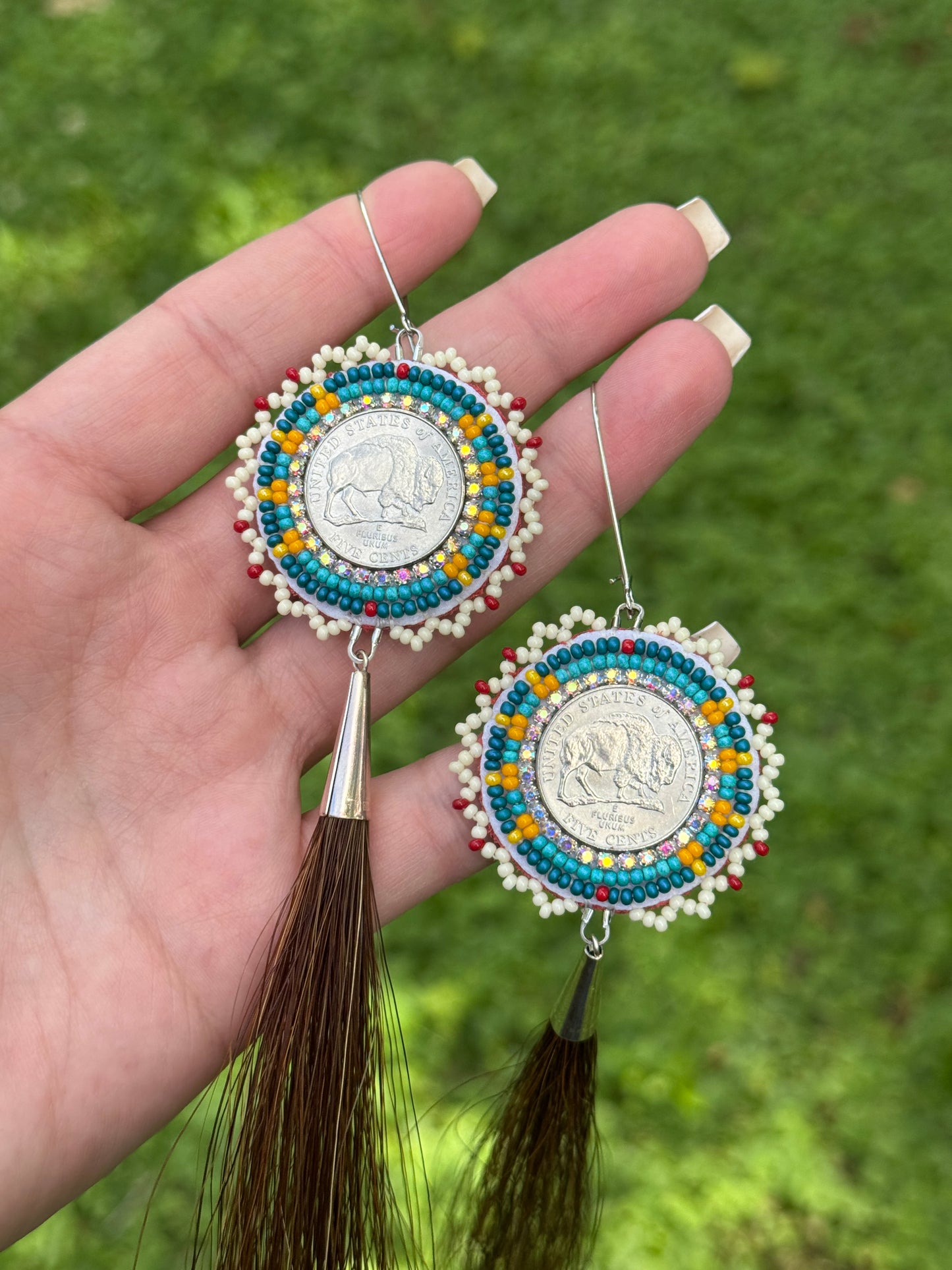 Buffalo Nickel Horse Hair Beaded Earrings