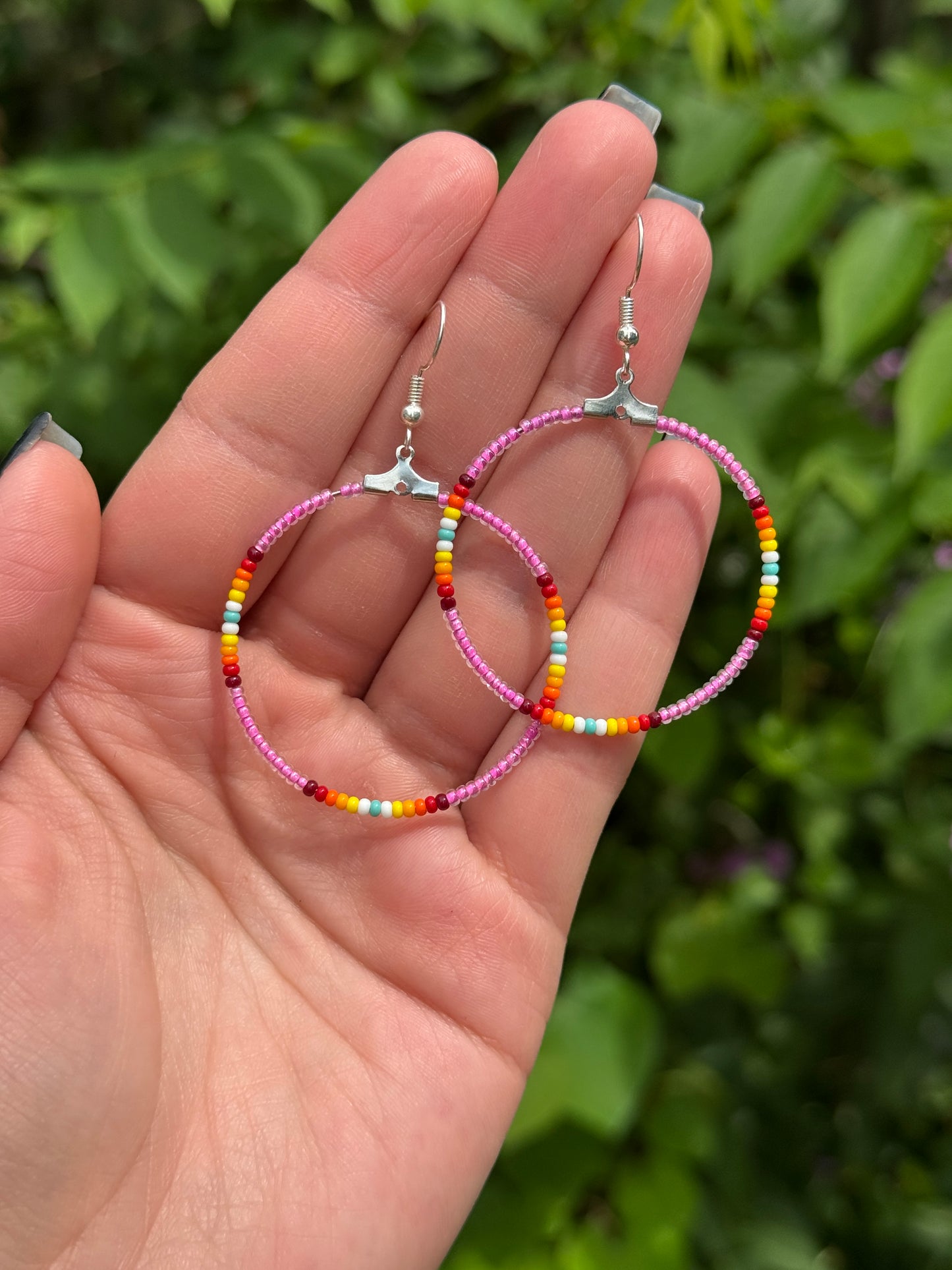 Hot pink and Fire Color beaded hanging hoop earrings