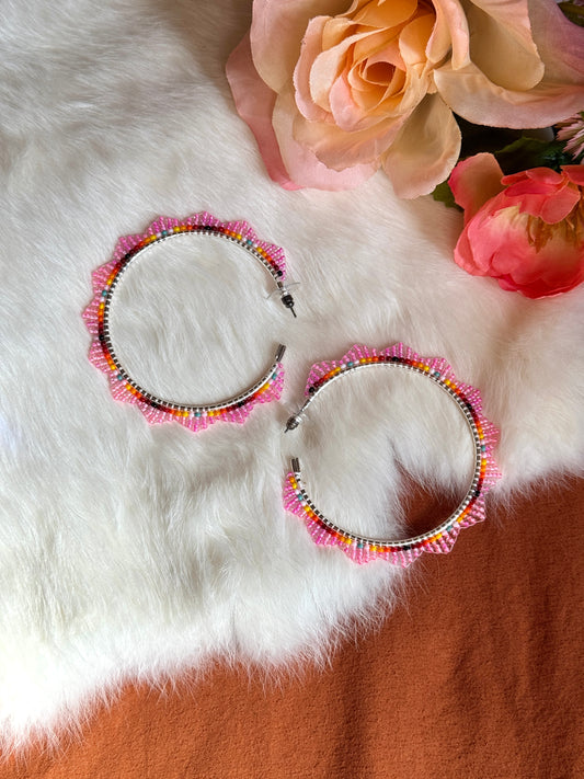 Pink and Fire Color Beaded Hoop Earrings