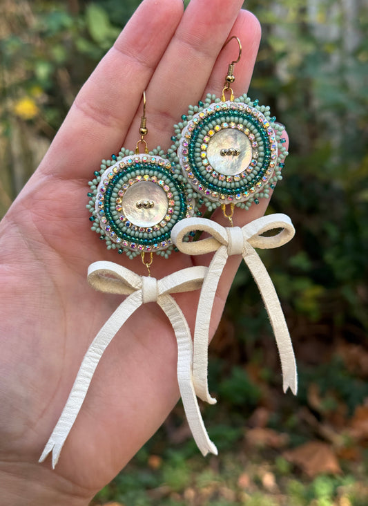 Seafoam Beaded Shell and Leather Bow Earrings
