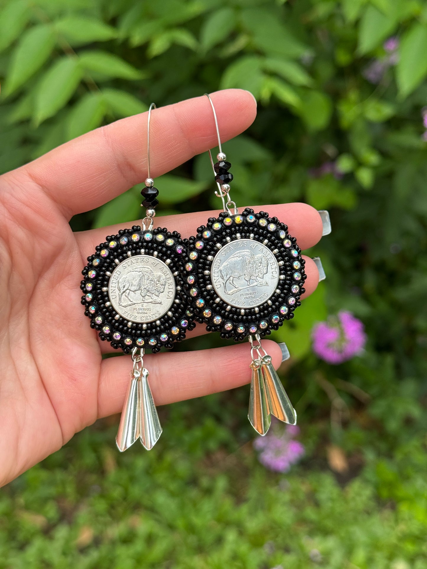 Black Buffalo Nickel Beaded Earrings with Jingle Cones