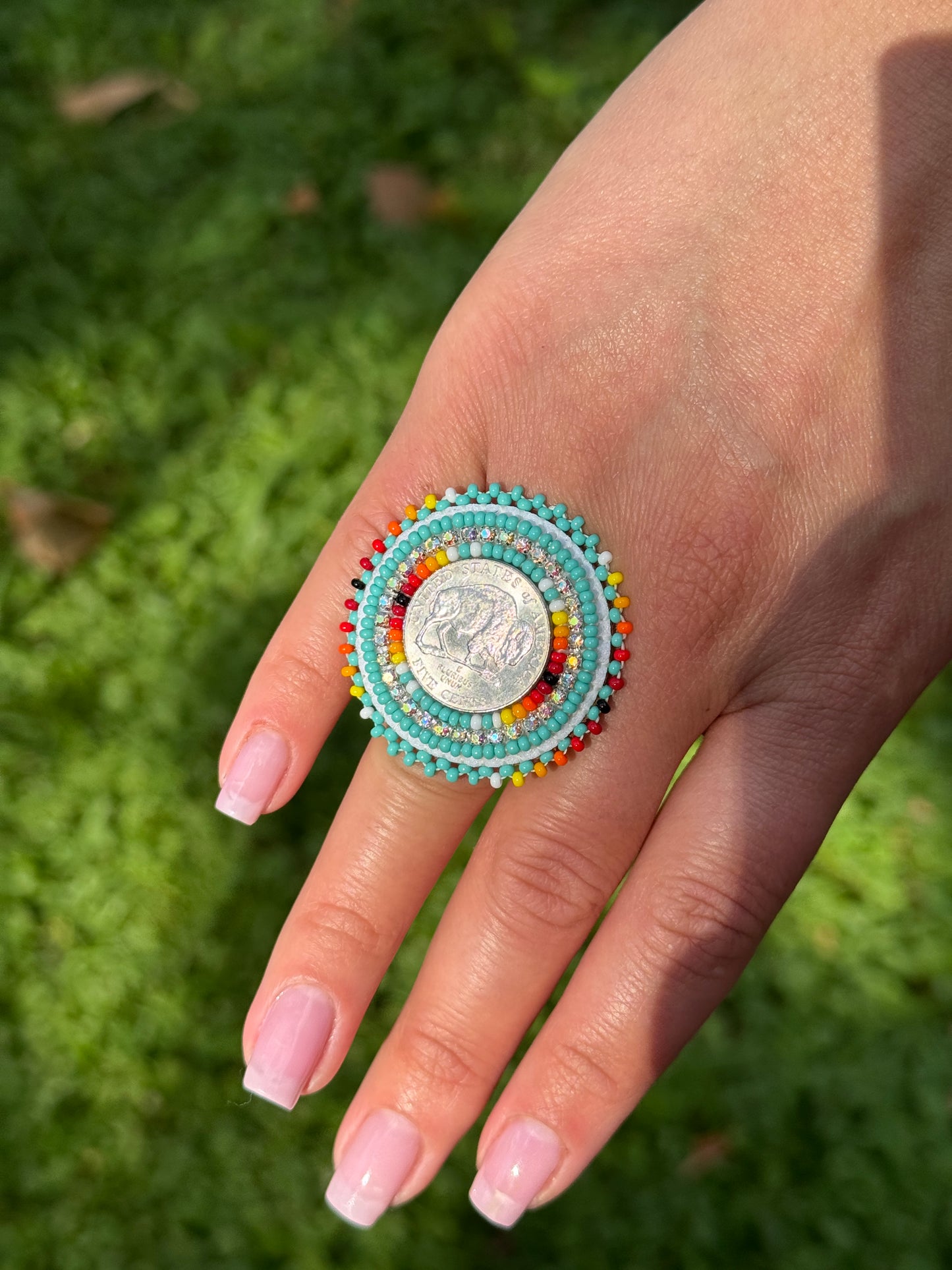 Turquoise and Fire Color Buffalo Nickel Beaded Ring