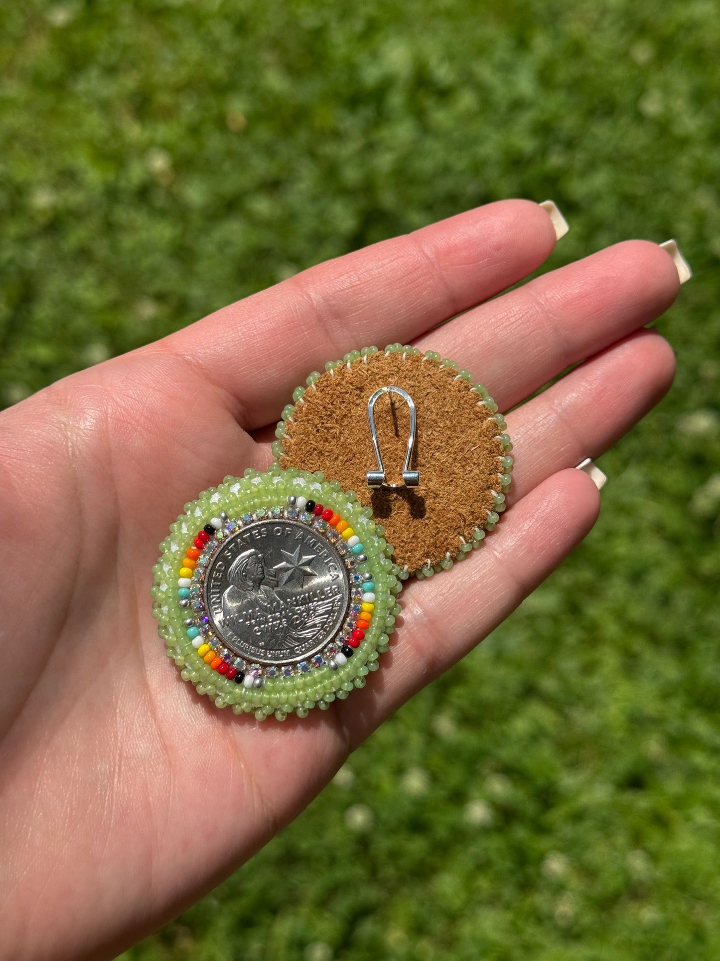 Green Wilma Mankiller Beaded Earrings