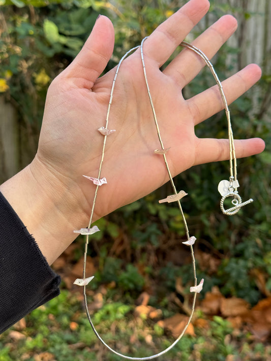 Liquid Silver and Bird Fetish Long Layering Necklace