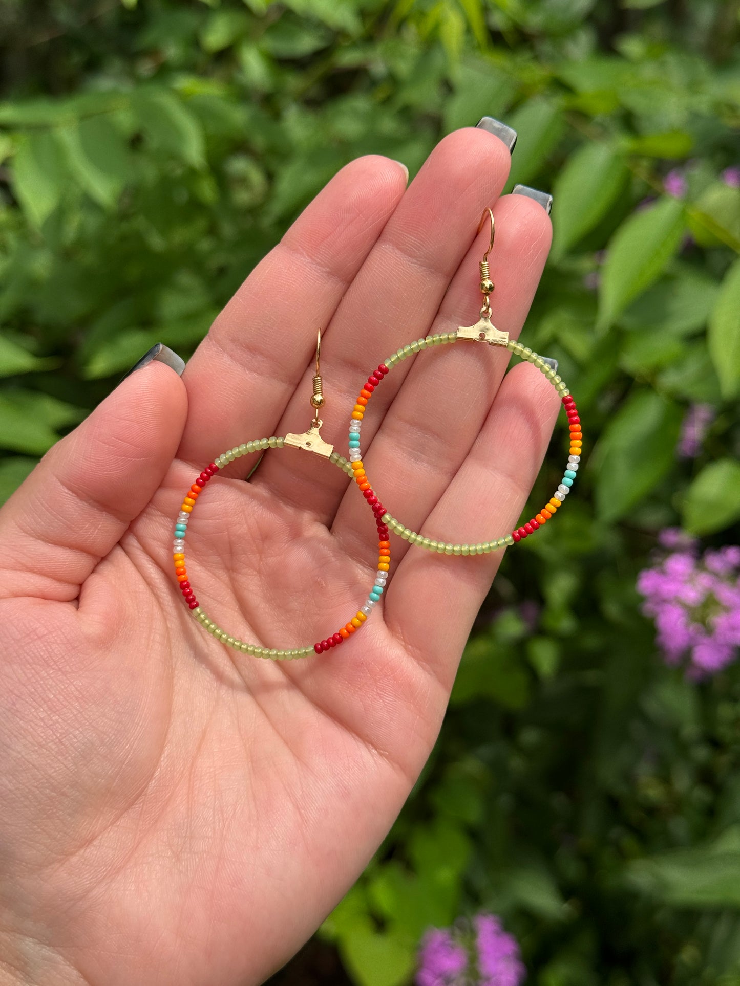 Green and Fire Color Beaded hanging hoop earrings