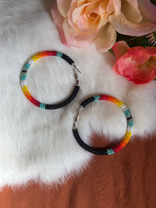 Black, Turquoise, and Fire Color Wrap Beaded Hoop Earrings