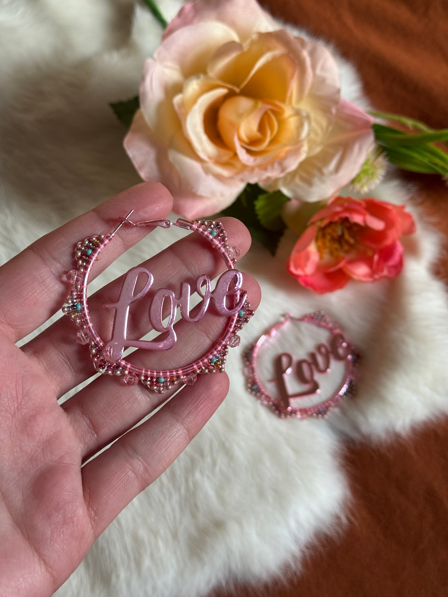 “Love” Pink Metallic Beaded Hoop Earrings