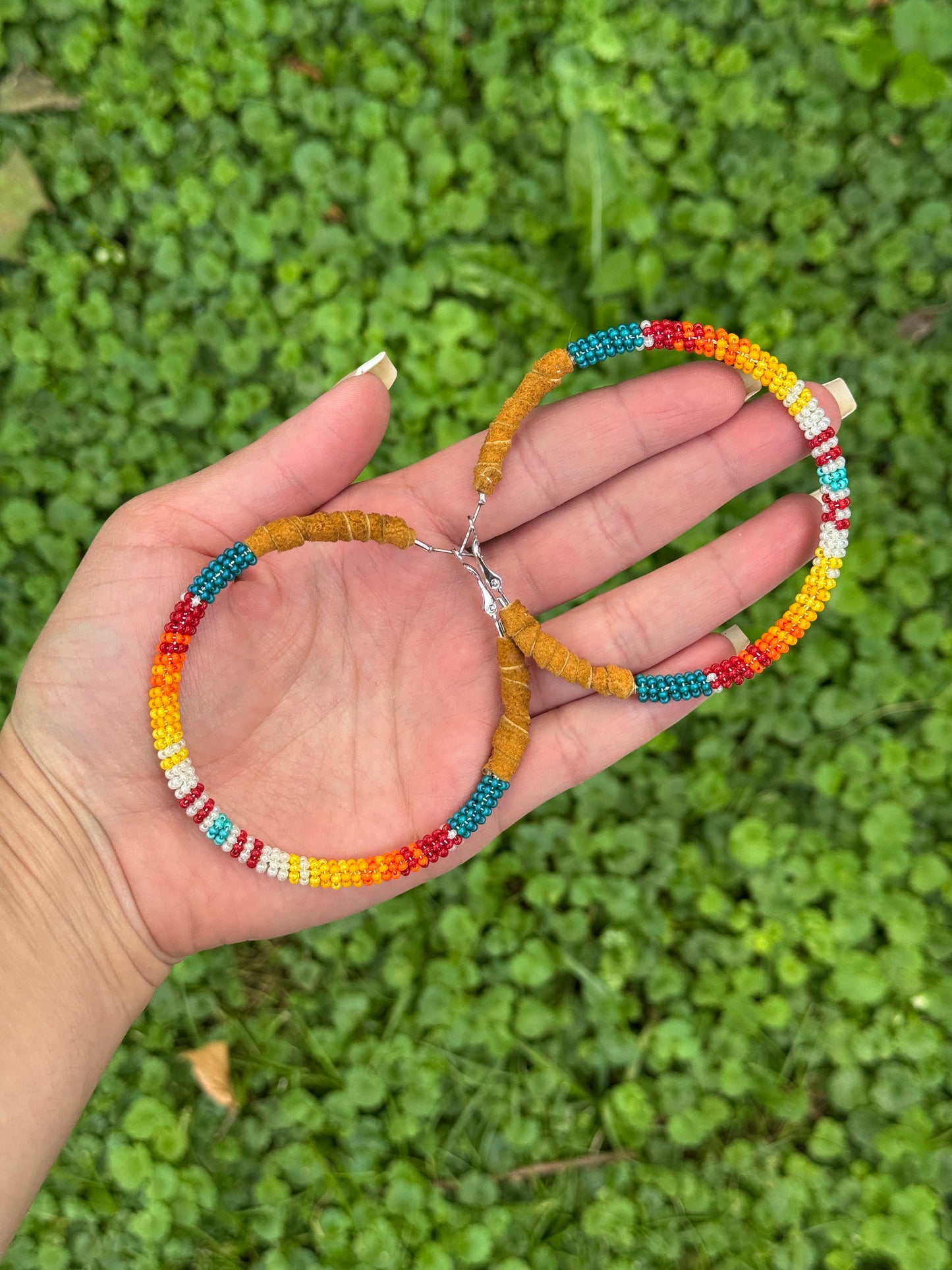 Leather and Wire Wrapped Beaded Large Hoop Earrings