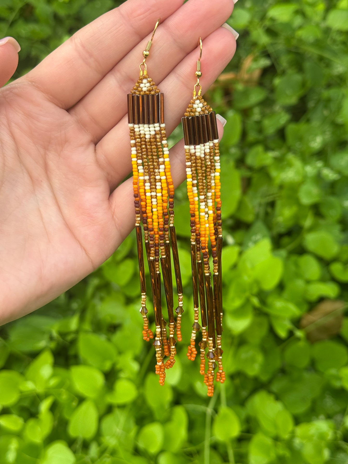Coffee Color Long Beaded Fringe Earrings