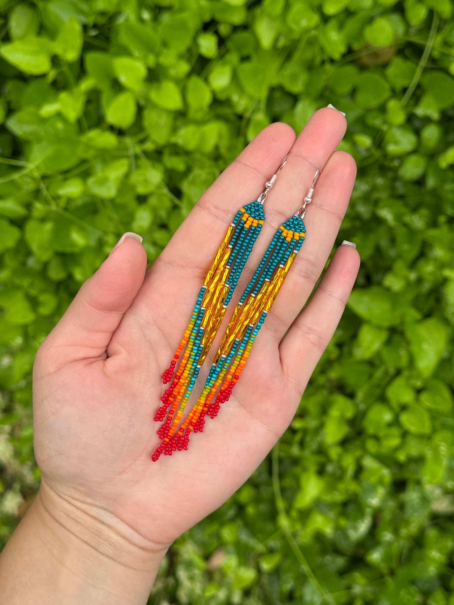 Medium Teal Beaded Fringe Earrings