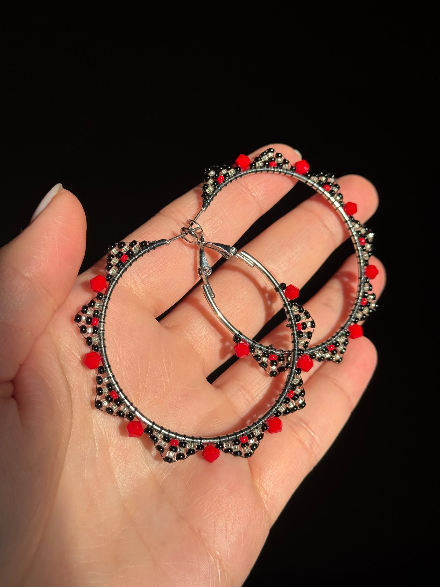 Red and Black Beaded Hoop Earrings