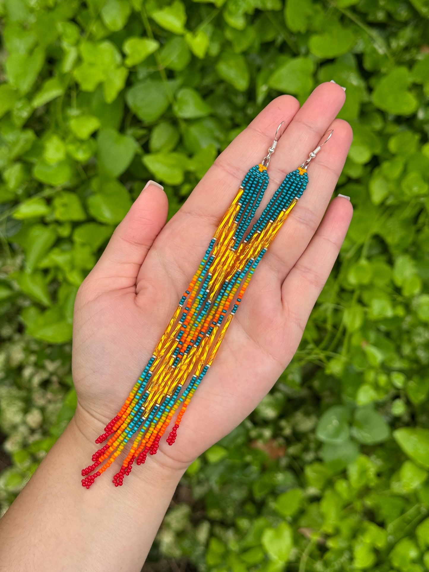 Large Teal Beaded Fringe Earrings