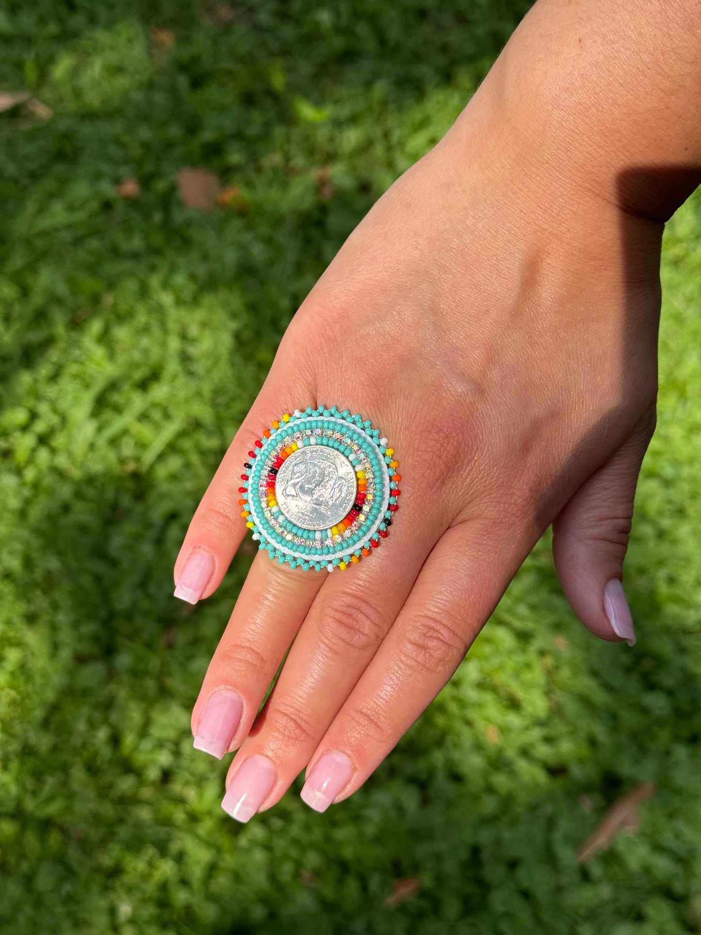 Turquoise and Fire Color Buffalo Nickel Beaded Ring