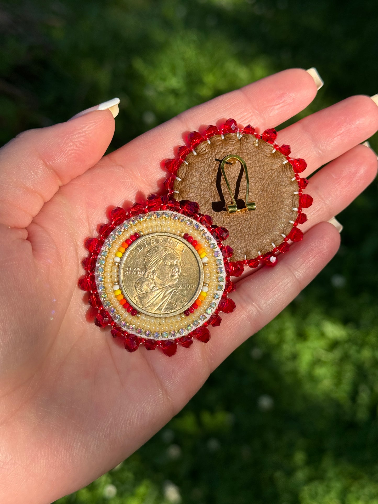 Gold and Red Sacagawea Coin Beaded Earrings