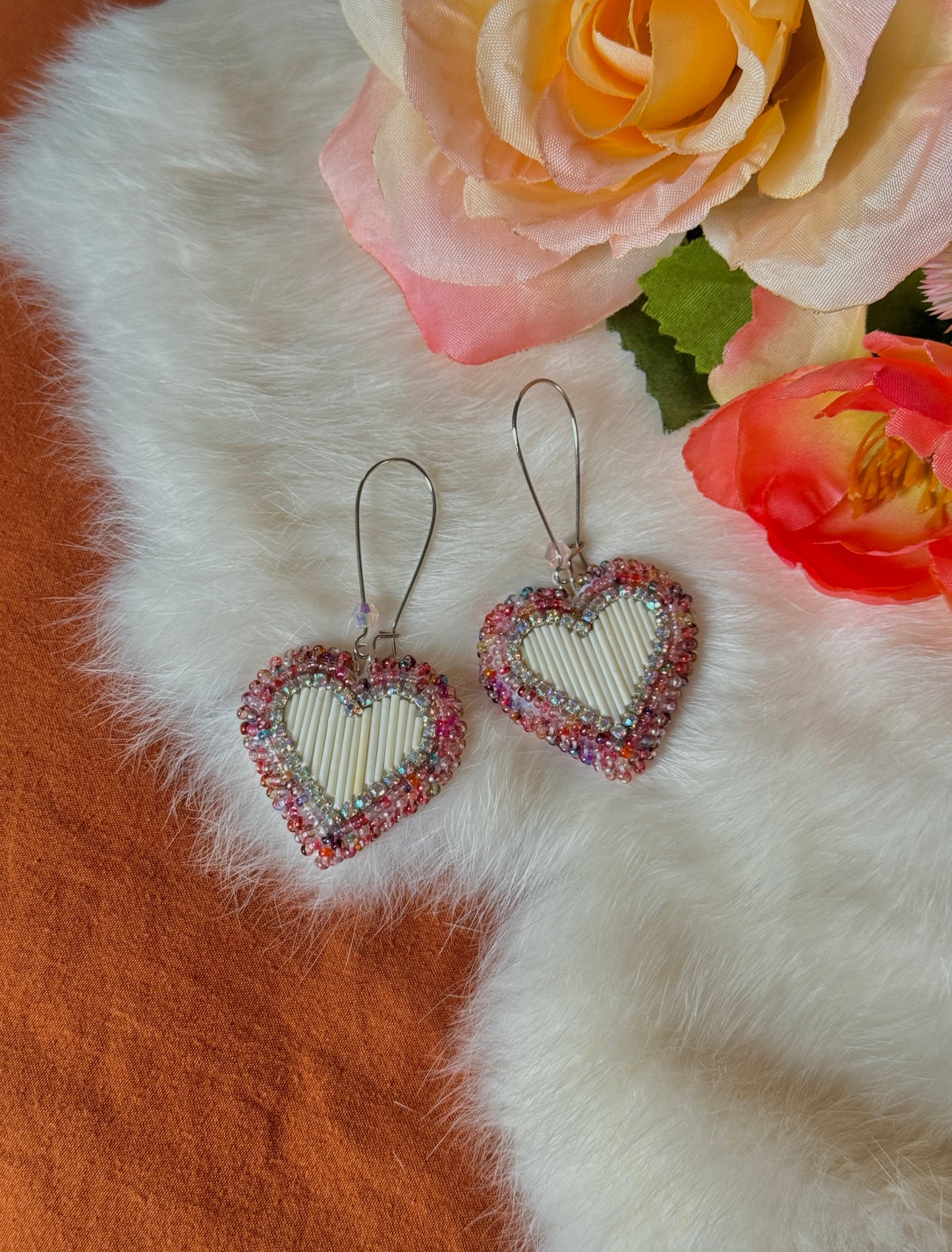 Beaded Quill Heart Drop Earrings