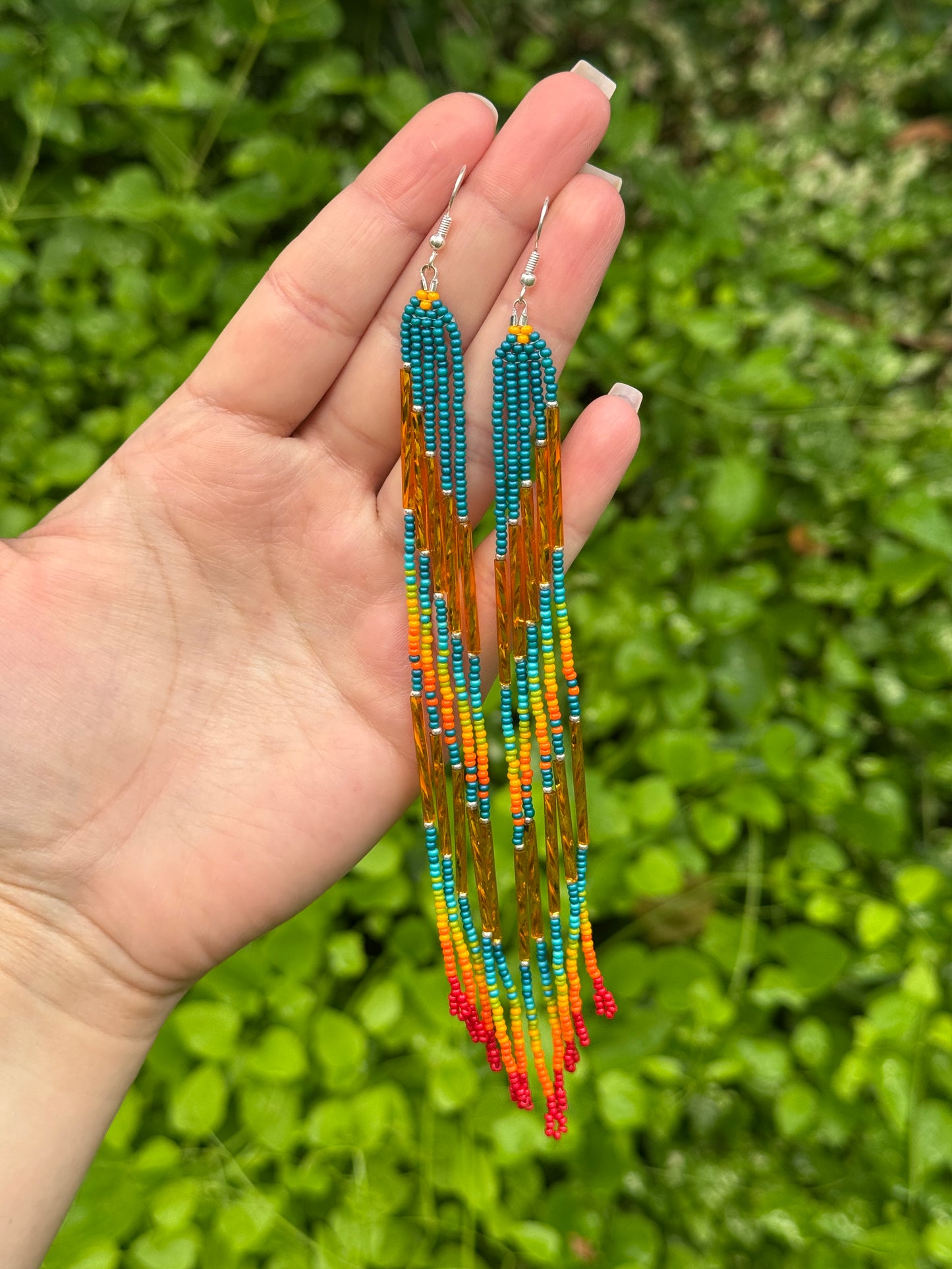 Large Teal Beaded Fringe Earrings