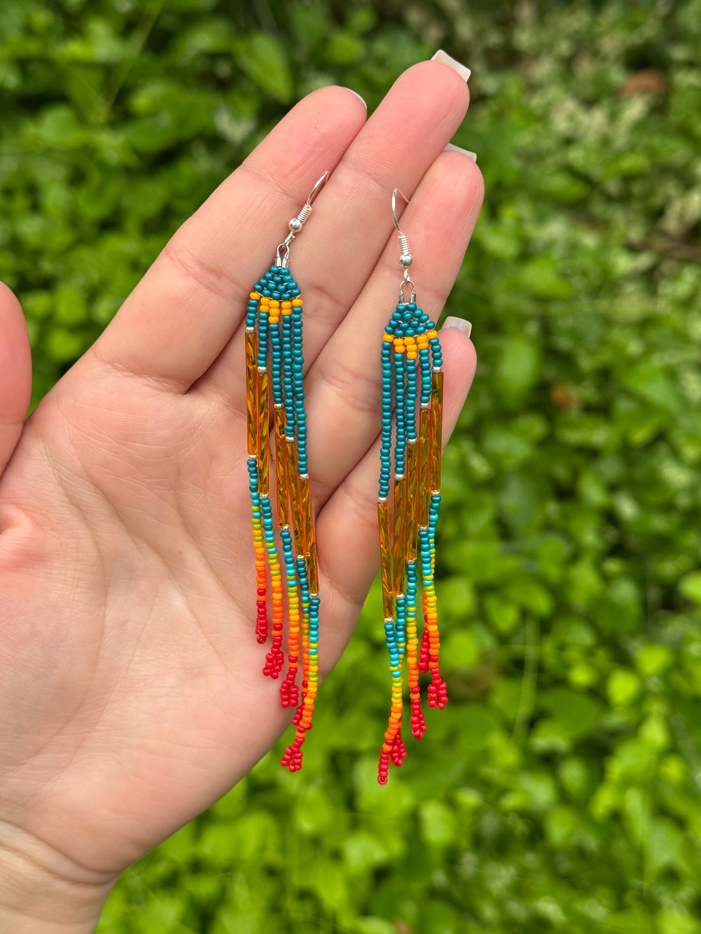 Medium Teal Beaded Fringe Earrings