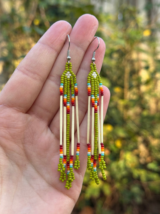 Olive Green Porcupine Quill Beaded Fringe Earrings