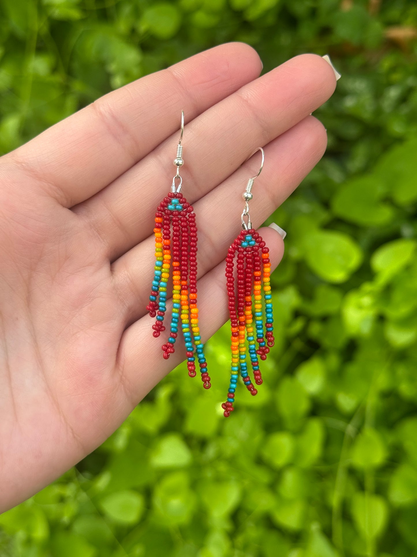 Small Red Rainbow Beaded fringe earrings