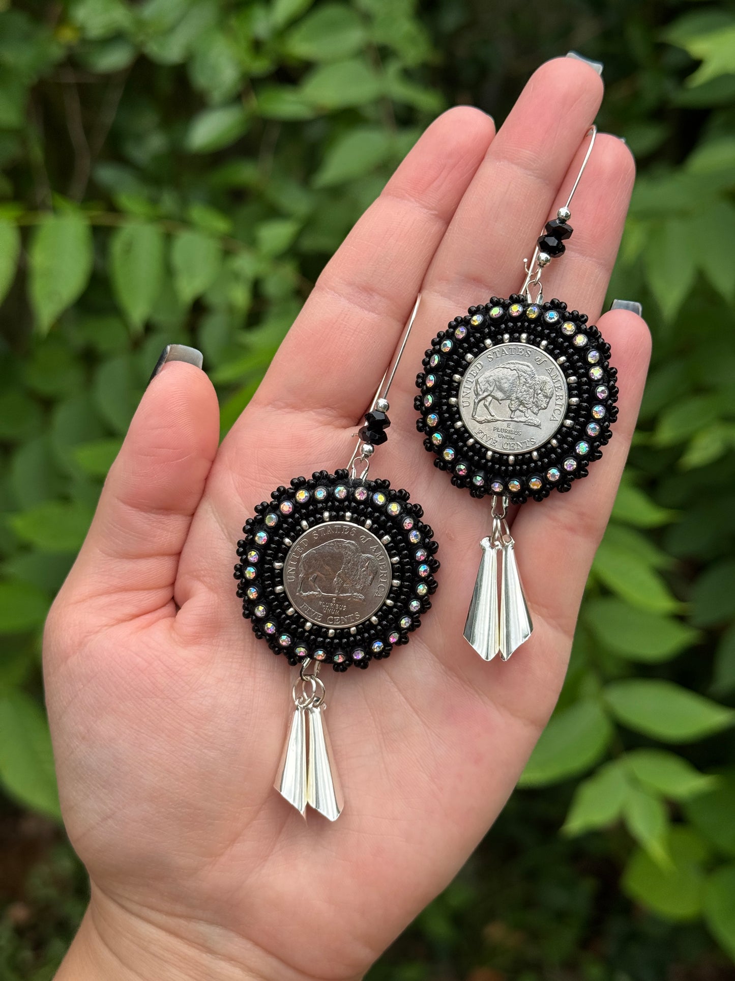 Black Buffalo Nickel Beaded Earrings with Jingle Cones