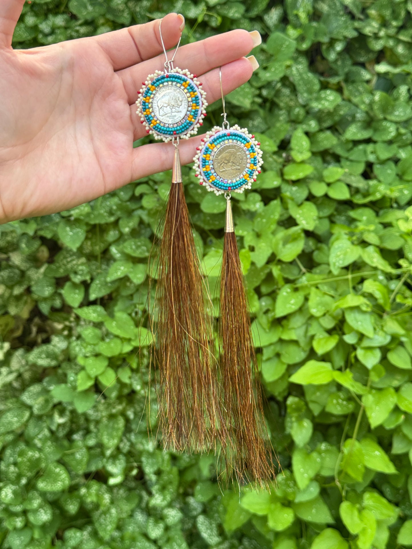 Buffalo Nickel Horse Hair Beaded Earrings