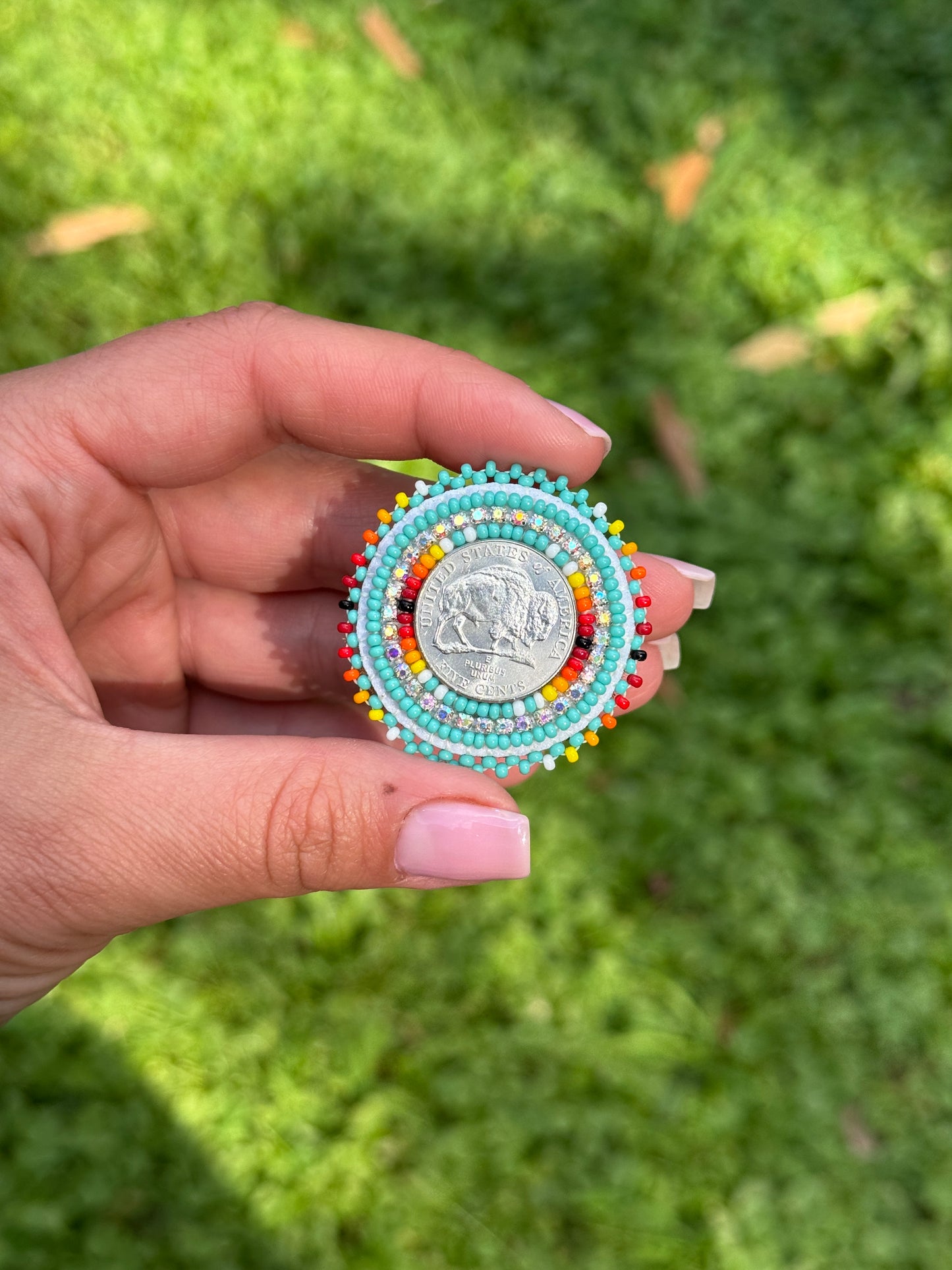 Turquoise and Fire Color Buffalo Nickel Beaded Ring