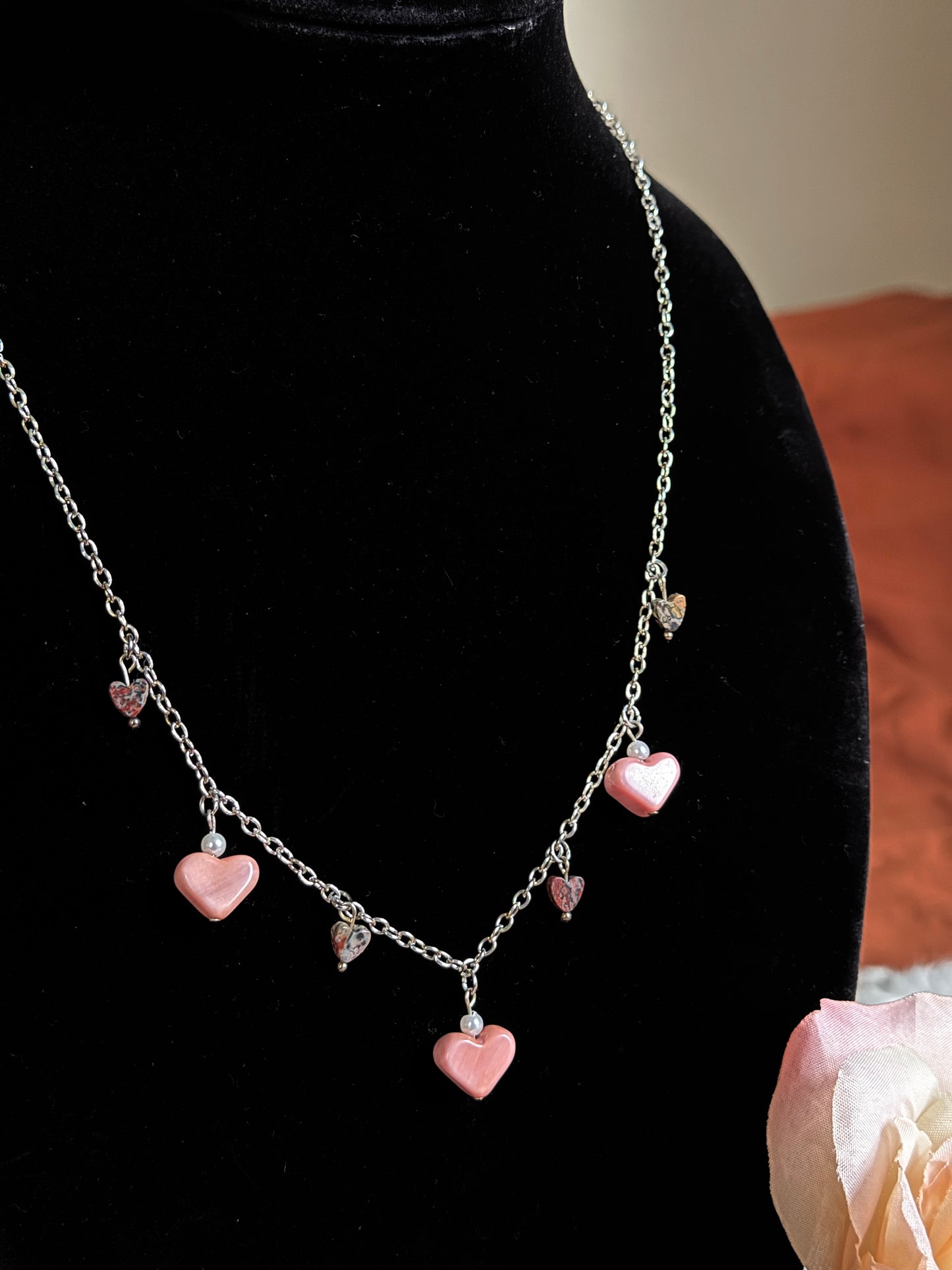 Pink Stone Hearts Charm Necklace