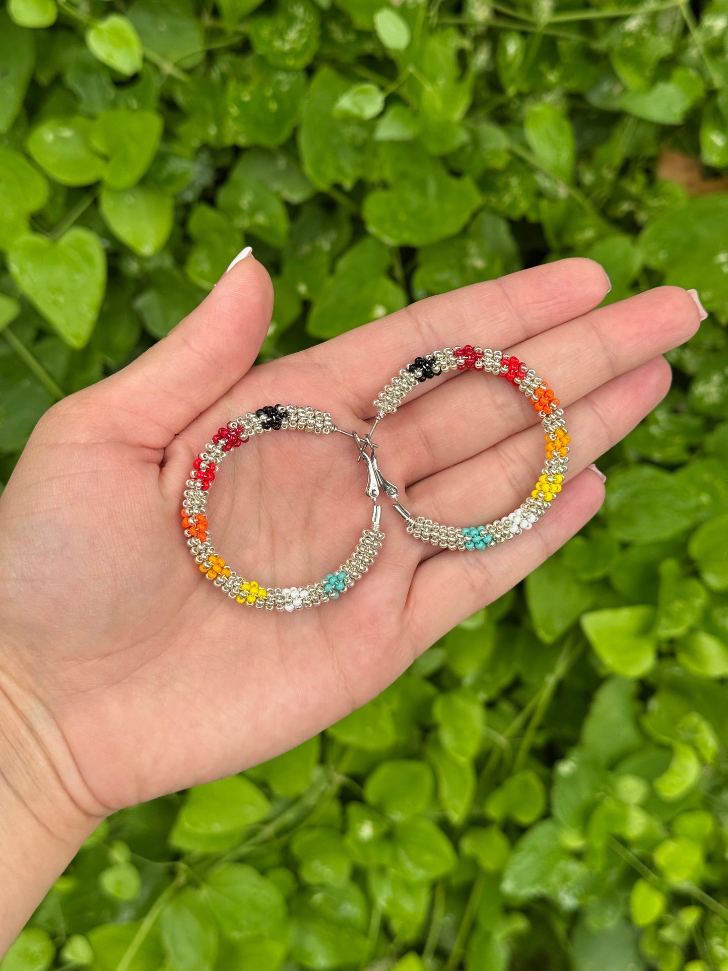 Silver and Fire Color Beaded Hoops