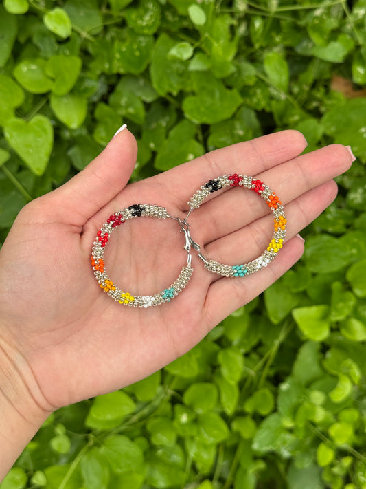 Silver and Fire Color Beaded Hoops