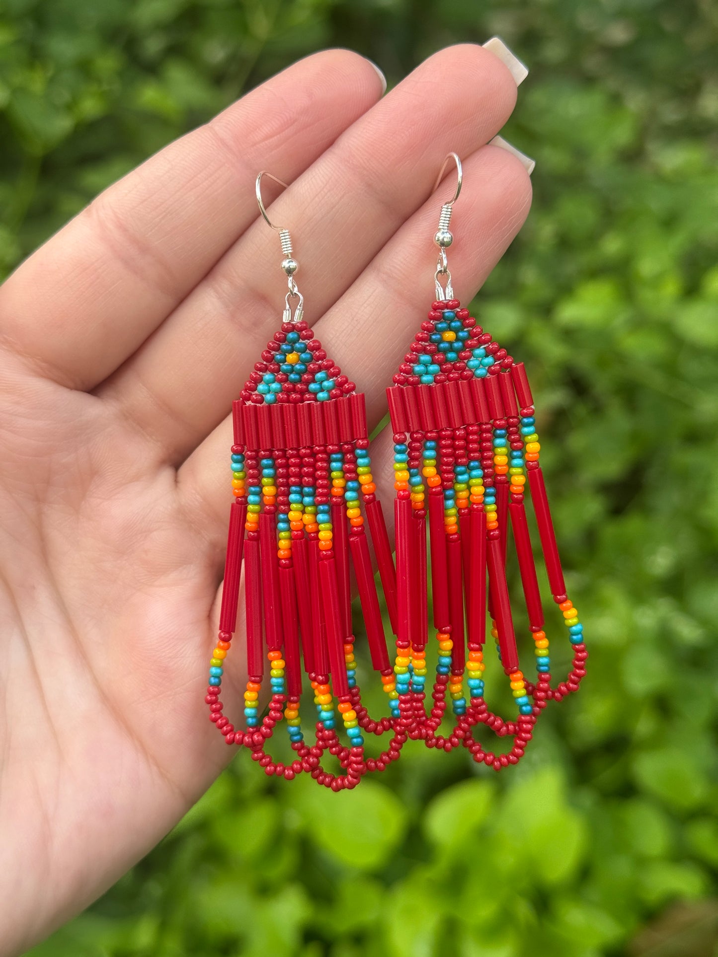 Red Rainbow Drop Fringe Beaded Earrings