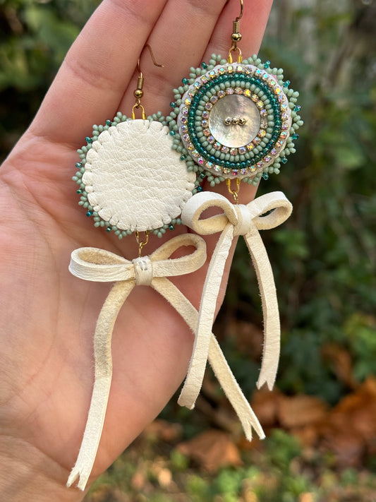 Seafoam Beaded Shell and Leather Bow Earrings