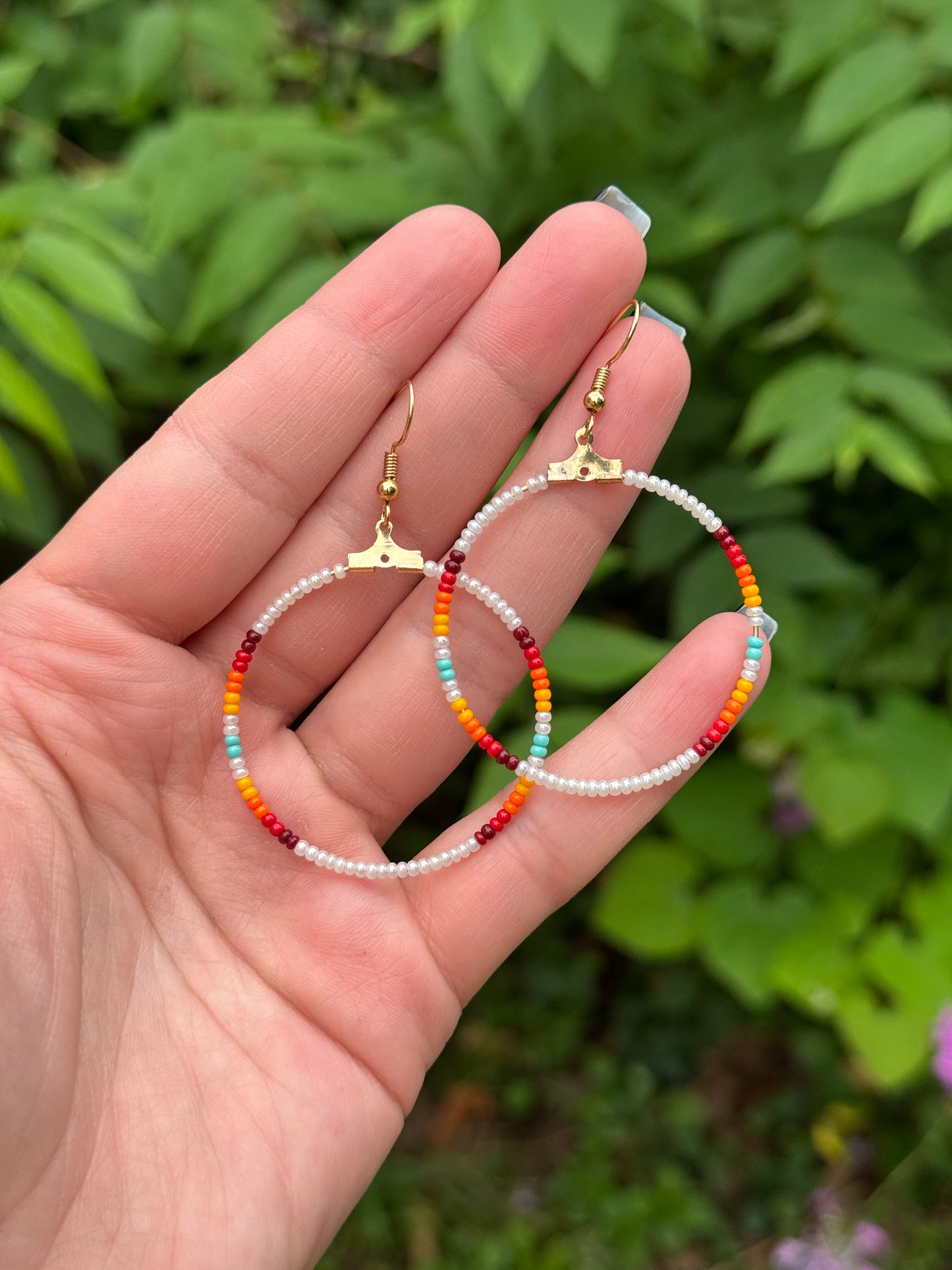 Cream Pearl and Fire Color hanging hoop earrings