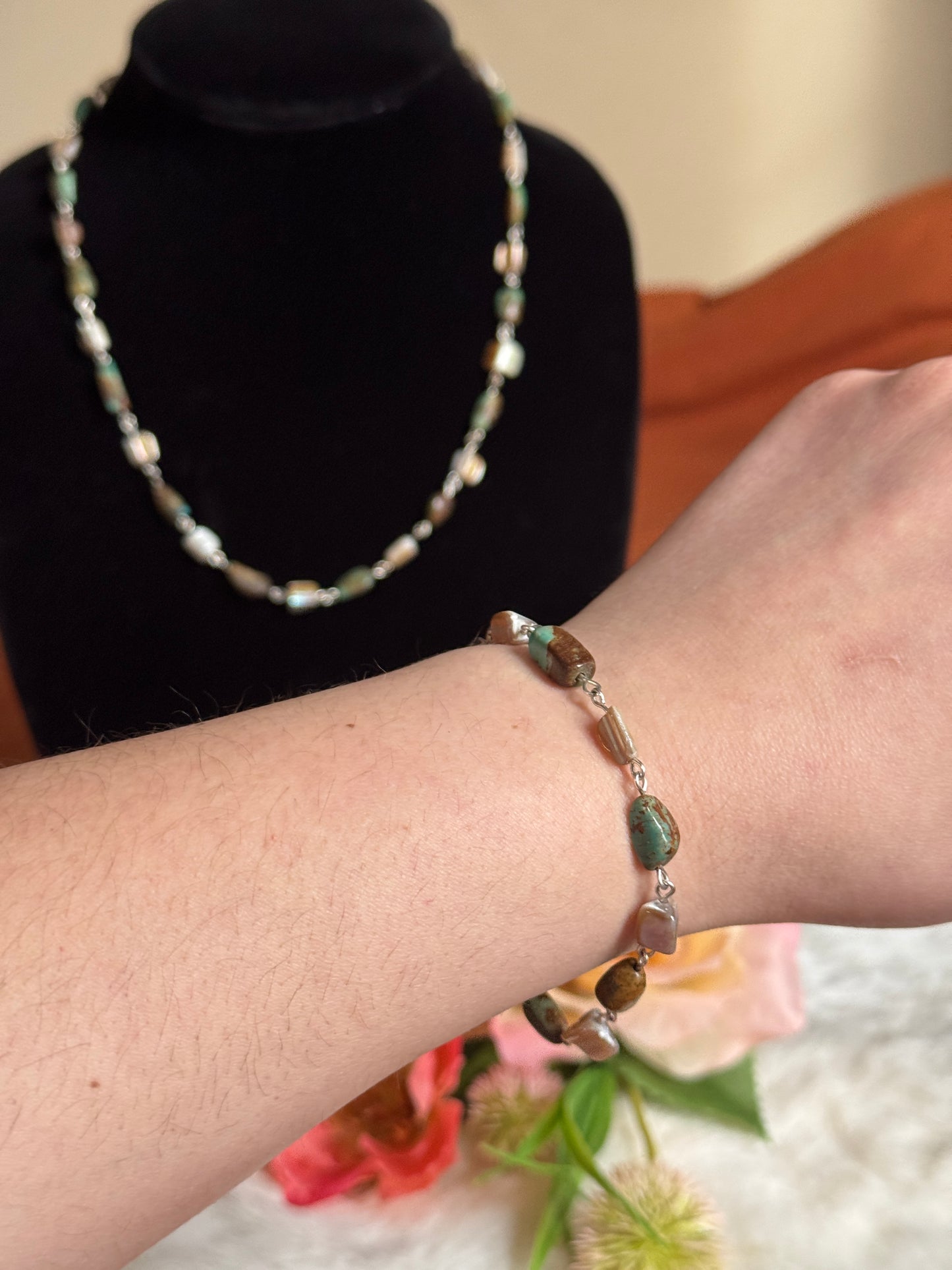 Turquoise and Mother of Pearl Chain Bracelet